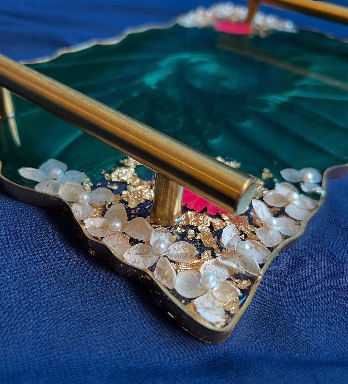 Emerald Luxe™ | Bottle Green Resin Serving Tray with Gold Handles (12 × 7 Inches)