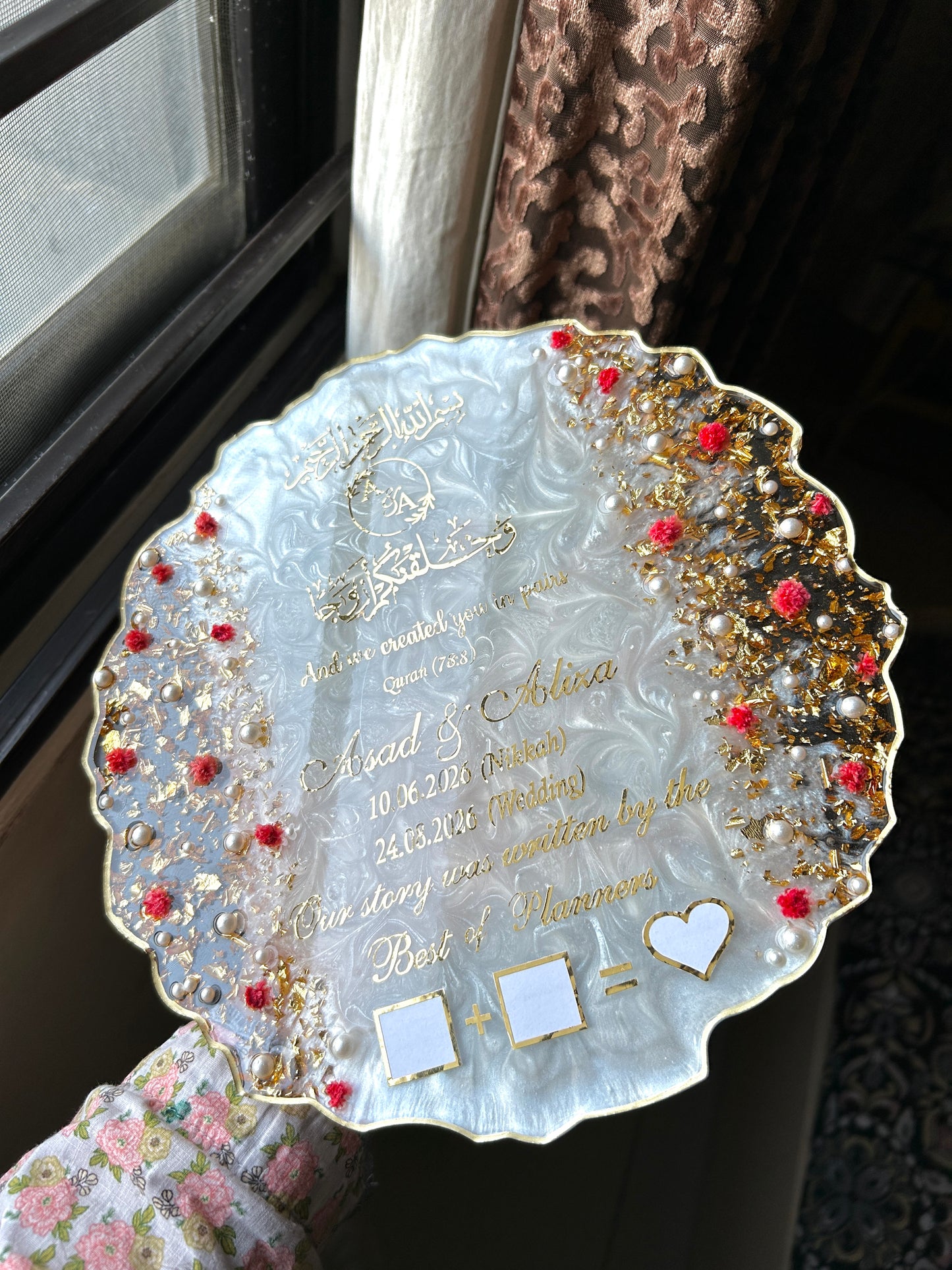 Personalized White & Gold Floral Resin Nikkah Tray with Pearls