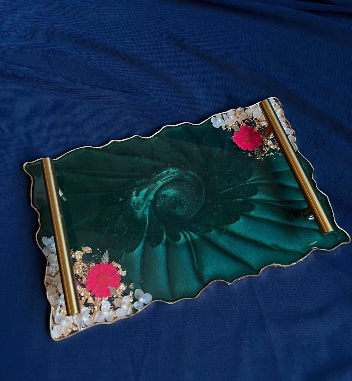 Emerald Luxe™ | Bottle Green Resin Serving Tray with Gold Handles (12 × 7 Inches)