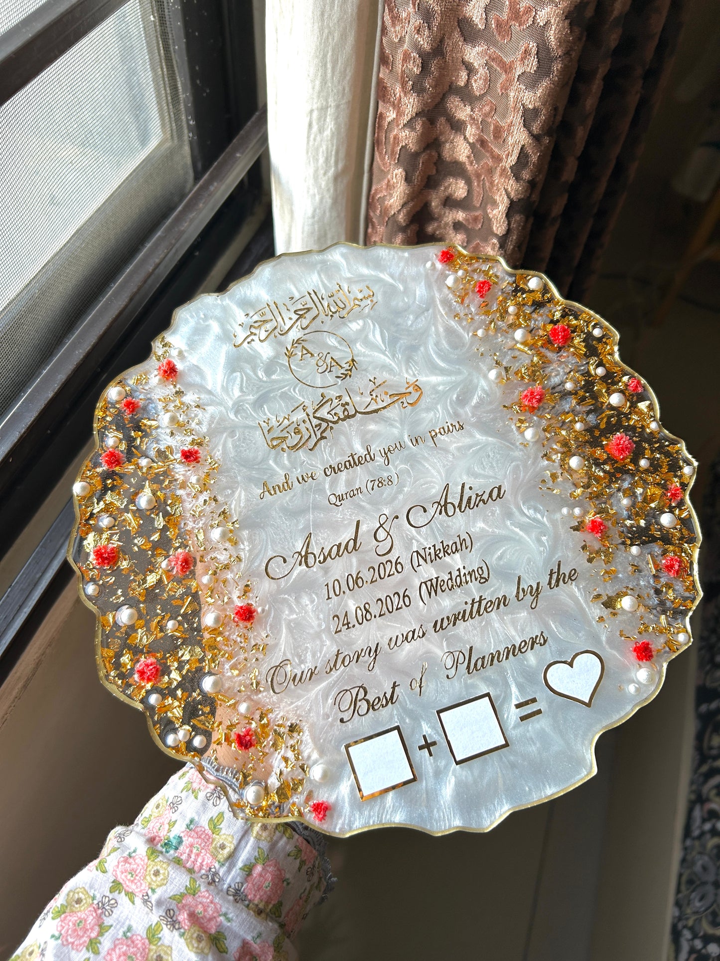 Personalized White & Gold Floral Resin Nikkah Tray with Pearls