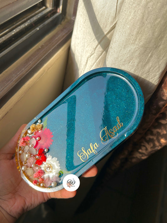 Ocean Bloom™ | Personalized Blue & Green Floral Resin Trinket Tray