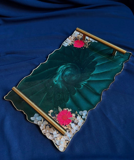 Emerald Luxe™ | Bottle Green Resin Serving Tray with Gold Handles (12 × 7 Inches)