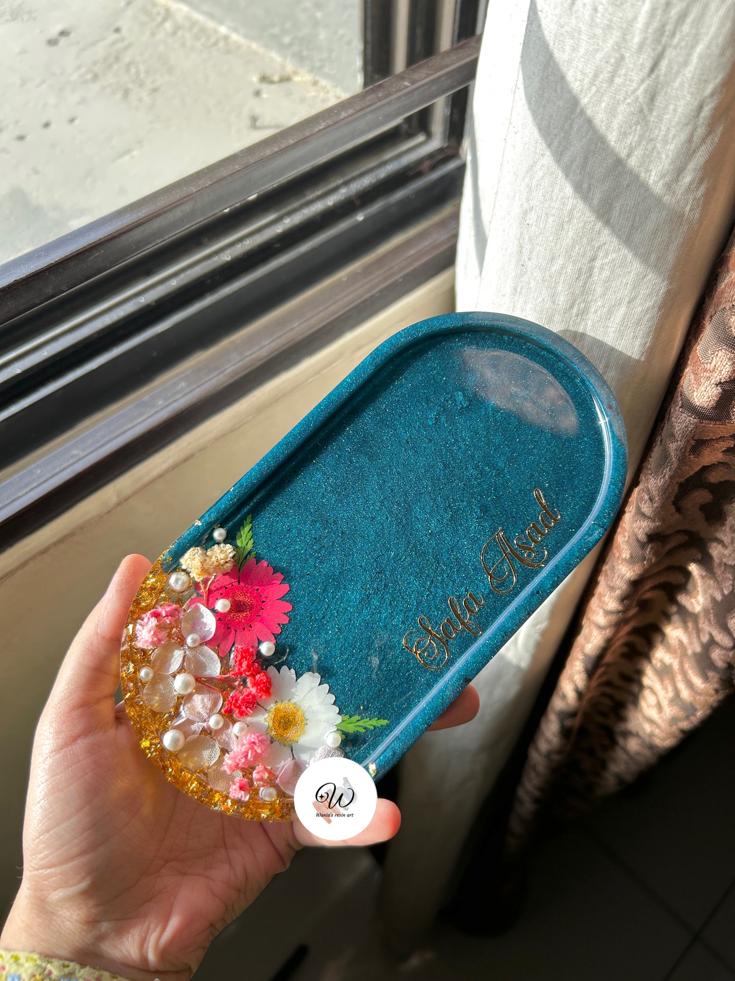 Ocean Bloom™ | Personalized Blue & Green Floral Resin Trinket Tray