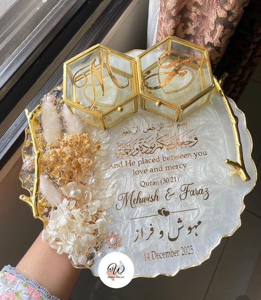 Personalised White Nikkah Tray Set with Ring Boxes