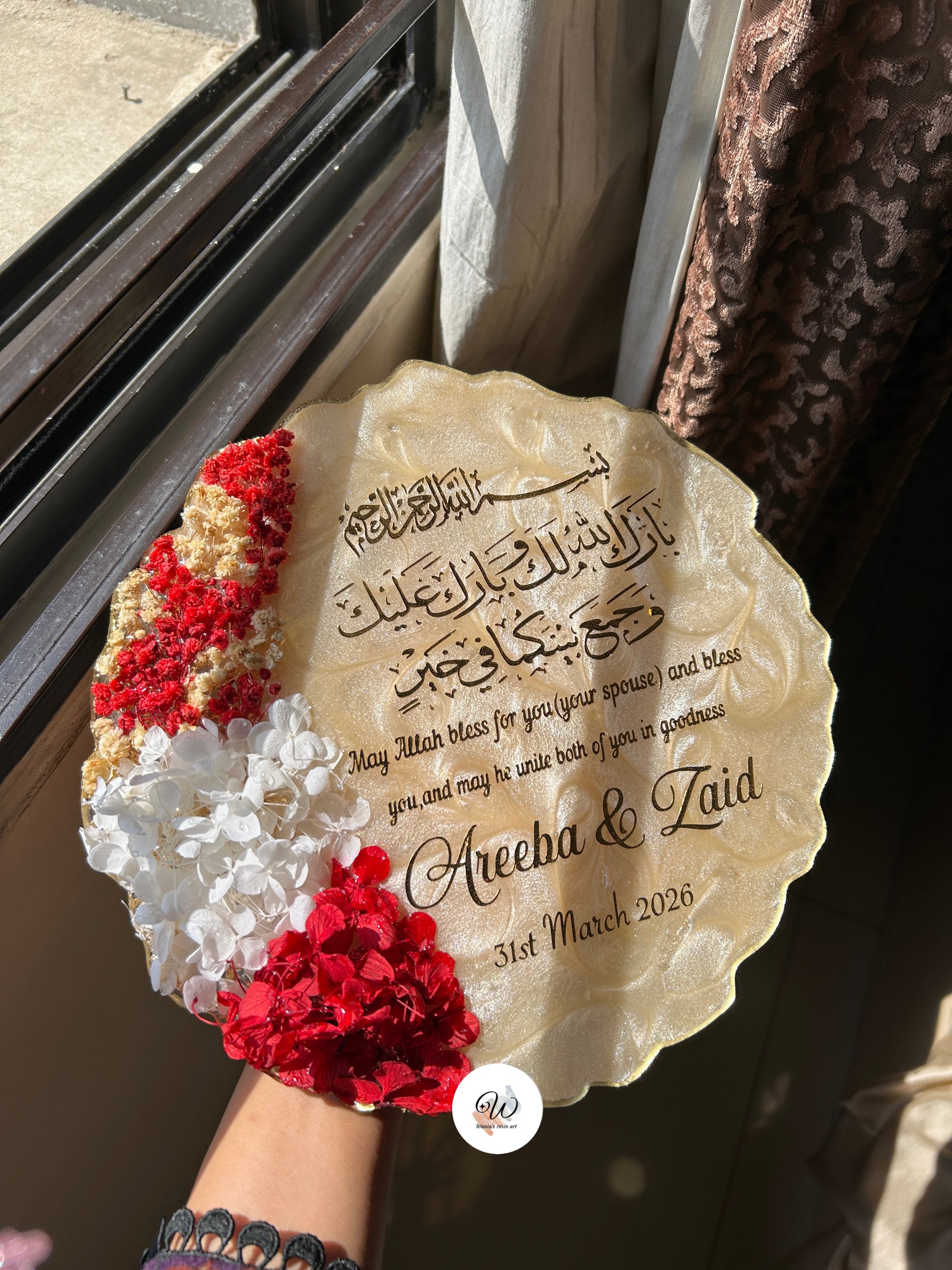 Handmade resin Nikkah tray customised with names and wedding date.